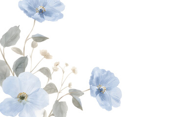 Obraz premium Watercolor blue floral frame on white background, pastel colors, with copy space for text. Elegant blue flowers, invitation wedding card