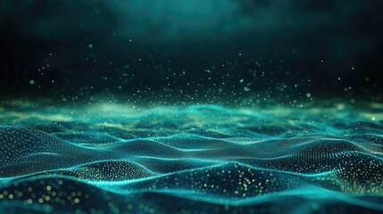 Obraz premium Abstract 3D render of a futuristic digital wave, glowing with green particles on a dark background, creating a sense of depth and movement.