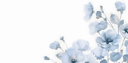 Watercolor blue floral frame on white background, pastel colors, with copy space for text. Elegant blue flowers, invitation wedding card