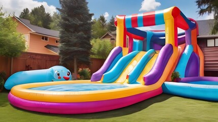 Inflatable bounce house water slide in the backyard, Colorful bouncy castle slide