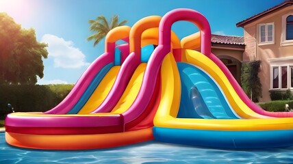Inflatable bounce house water slide in the backyard, Colorful bouncy castle slide