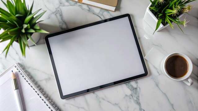 Blank tablet on a white marble desk with coffee, plants, and notepad.