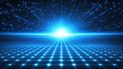 Futuristic abstract technology background with a glowing blue light grid and star-filled sky, representing innovation and digital concepts.