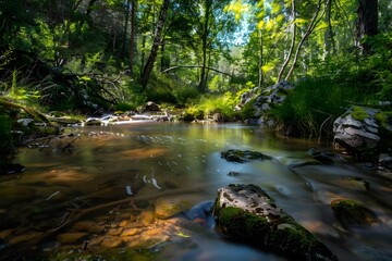 Obraz premium Serene creek surrounded by lush greenery on a sunny day.