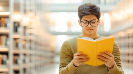 Fototapeta premium Student browsing through scientific articles in a library, search, effort, leisure