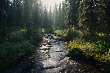 Fototapeta premium Serene forest stream reflecting sunlight through tall trees.
