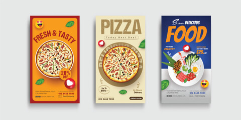 Food instagram story post template design. pizza, and vegetable Vector Illustration