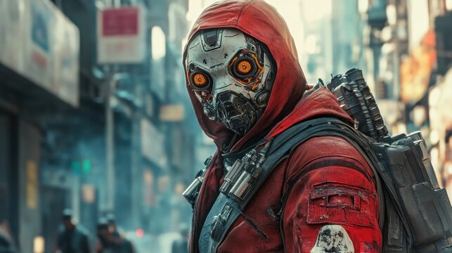 Cybernetically enhanced gang member in a biopunk setting, blending futuristic technology with gritty urban elements.