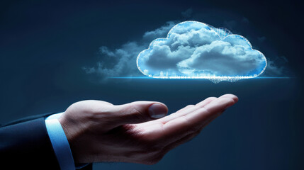 Businessman hand holding a digital cloud icon, representing cloud computing technology for data transfer and secure online storage solutions. Information upload and download.