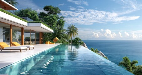 Fototapeta premium Modern Villa with Infinity Pool Overlooking the Ocean