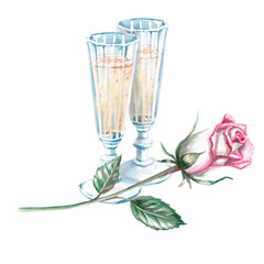 Two vintage glasses with champagne and a rose in watercolor. Illustration for greeting cards, congratulations, weddings, memorials, decorations. Illustration isolated from background. © Svetlana