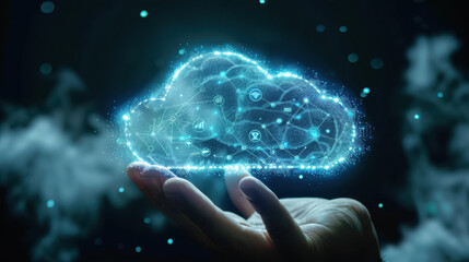 Businessman's hand with a cloud computing icon network, illustrating the concept of downloading and uploading information on application systems. Secure data transfer and storage.