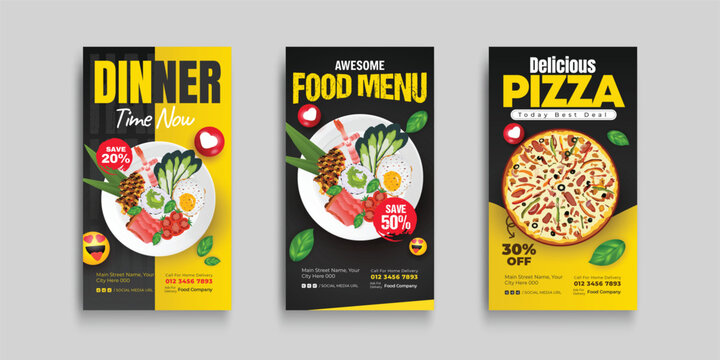 Vibrant colorful food instagram story post template design .vector illustration of fruits vegetables and healthy food on modern story