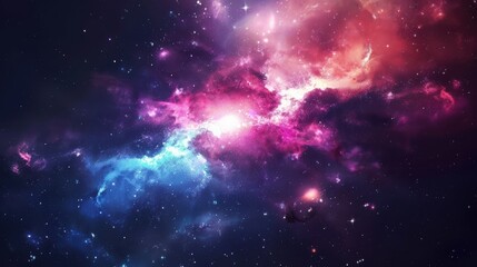 Obraz premium A mesmerizing galaxy background featuring a vibrant nebula with swirling colors of pink, blue, and purple, surrounded by twinkling stars and cosmic dust that create a breathtaking and otherworldly
