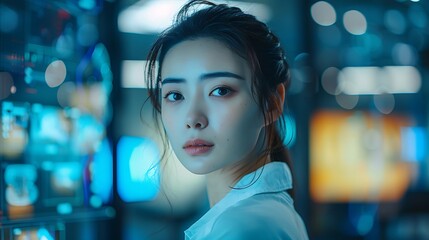 A dynamic photograph of a Chinese model in professional attire, working in a sleek, modern office with a high-tech holographic display.