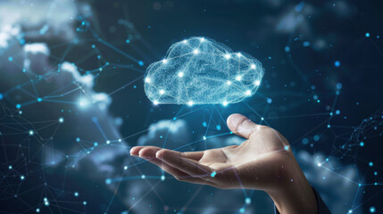 Businessman hand with a cloud computing icon network, representing secure online storage and data transfer solutions. Cloud computing technology for information upload and download.