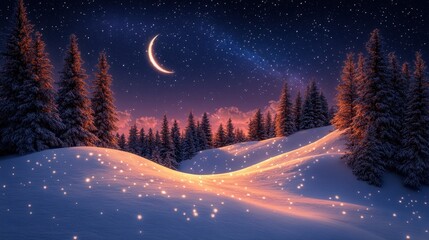 Naklejka premium Snowy hills illuminated by trees under a starry sky and crescent moon.