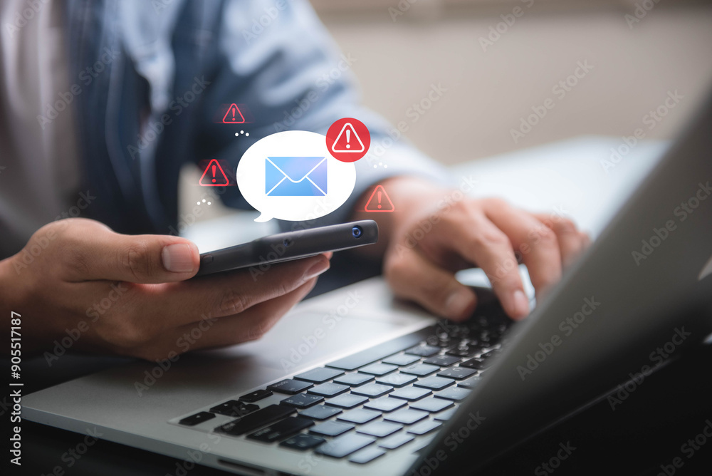 Leinwandbilder Email hacked warning alert notification, junk mail, scam malware spreading virus on message alert virtual on smartphone. potential cybersecurity threats and warnings.