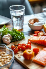 A balanced meal with salmon, vegetables, eggs, and nuts on a wooden cutting board.  A glass of water completes the healthy meal.