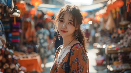 Fototapeta premium A stunning image of a Chinese model in stylish streetwear, walking through a bustling street market with artisanal goods and handmade jewelry.