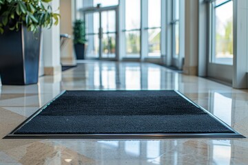 A black mat with a silver trim sits on a marble floor in front of the glass doors of a modern office building.
