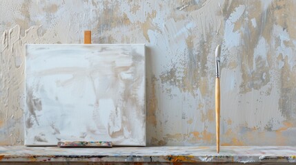 A blank canvas and paintbrush rest against a textured wall, ready for artistic inspiration.