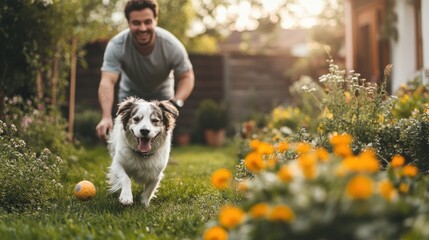 A man takes a break from working at home, playing with his energetic dog in the backyard. The dog...