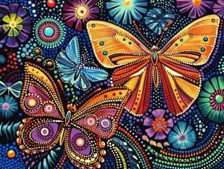 Aboriginal dot art style painting of butterflies and flowers.