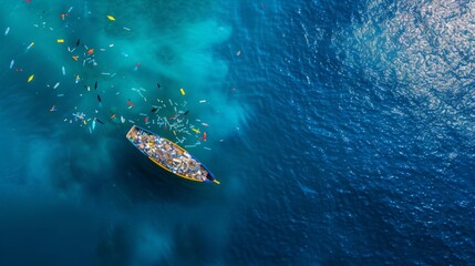 Naklejka premium Aerial View of a Boat Filled with Plastic Waste in the Ocean