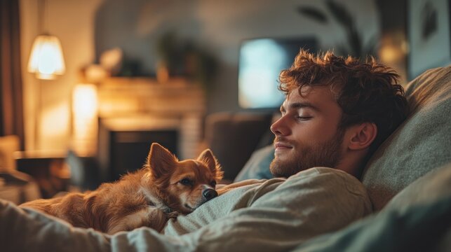 In a cozy living room, a young man relaxes on a comfortable couch with his small dog curled up beside him. The warm, inviting interior features soft lighting, neutral tones, and a minimalist design. - Powered by Adobe