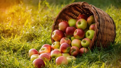 A basket full of apples on the grass in a field, AI