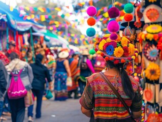 A bustling market scene with colorful decorations, vibrant clothing, and a diverse crowd.