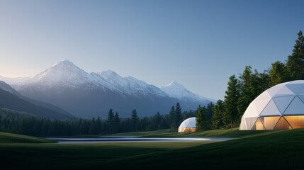 A futuristic eco-village with dome-shaped homes, vertical gardens, and renewable energy sources, nestled in a serene, mountainous landscape at dawn, high-resolution photo, realistic photo