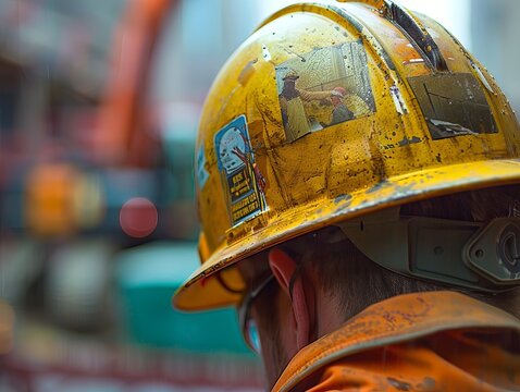 A close-up of a construction worker's yellow hard hat covered in stickers.  The worker is wearing a bright orange jacket.