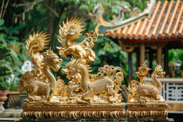 Fototapeta premium A close-up of a golden dragon sculpture, intricately carved, in a traditional Chinese garden setting.