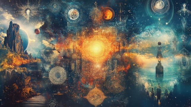 Spiritual collage elements on a transparent background, featuring mystical and symbolic imagery.