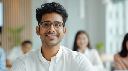 A smiling young professional with glasses and curly hair sits in a modern office. He wears a white shirt, with blurred colleagues in the background, highlighting a collaborative environment.