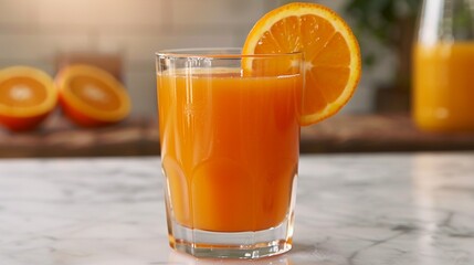 Fresh Orange Juice in Glass with Orange Slice on Marble Counter