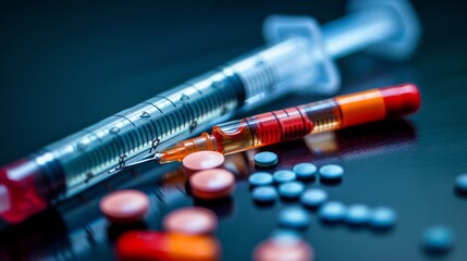 A close-up of various medications, including pills, capsules, and a syringe, on a dark reflective surface.