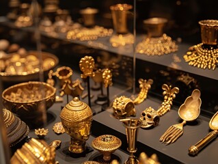 Fototapeta premium A collection of ancient gold artifacts displayed in a museum case