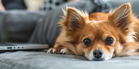 Relaxing Scene of a Person Massaging Their Back on a Couch with an Adorable Chihuahua by Their Side, Facing an Open Laptop.