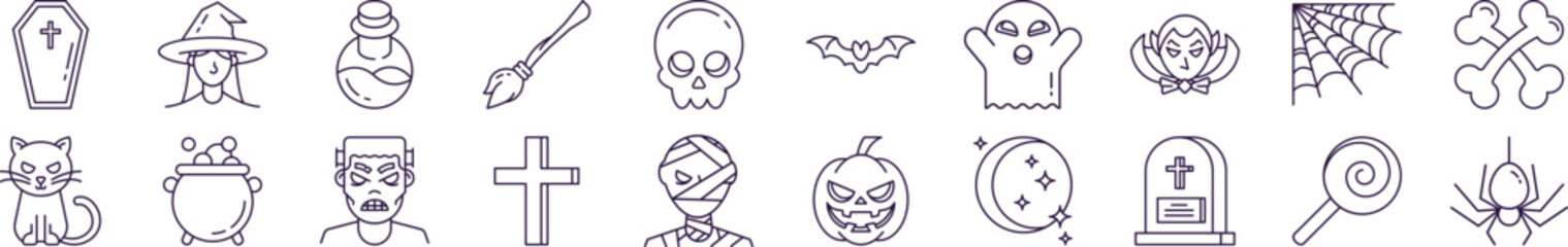 Line Signs of Halloween for Advertisement. Suitable for books, stores, shops. Editable stroke in minimalistic outline style. Symbol for design