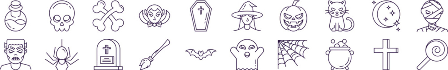 Signs of Halloween for Shops and Stores. Suitable for books, stores, shops. Editable stroke in minimalistic outline style. Symbol for design