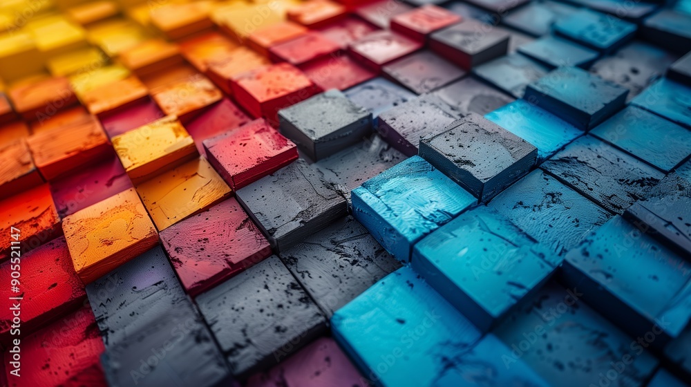 Poster vibrant abstract design featuring textured colorful blocks organized in a dynamic pattern