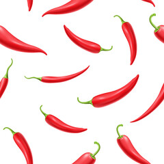 3D realistic falling red chilly peppers seamless pattern on white background.