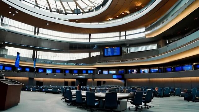 Interior of a Modern Conference Hall with Circular Seating Arrangement