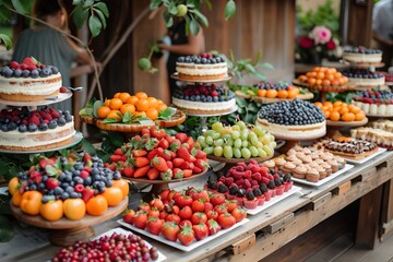 Obraz premium A Lavish Display of Fresh Fruits and Cakes at a Garden Party Celebration
