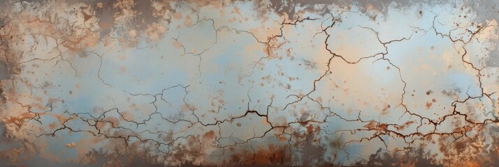 A visually distressed metal surface that showcases rust, deep cracks, and an intricately aged patina for design use