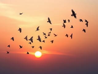 Fototapeta premium A flock of birds flies in formation against a vibrant sunset sky.
