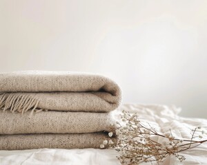 A folded beige blanket with a white background, with dried flowers, creates a cozy and minimalist aesthetic.